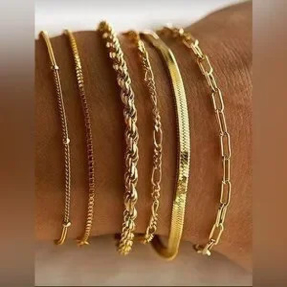 Jewelry - Gold Stainless Steel 6PC Chain Bracelet Stack 8.5 Layered Set Dainty